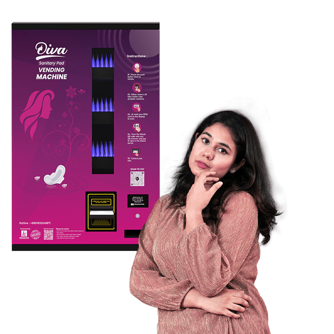 A lady representing a Diva Sanitary Pad Vending Machine