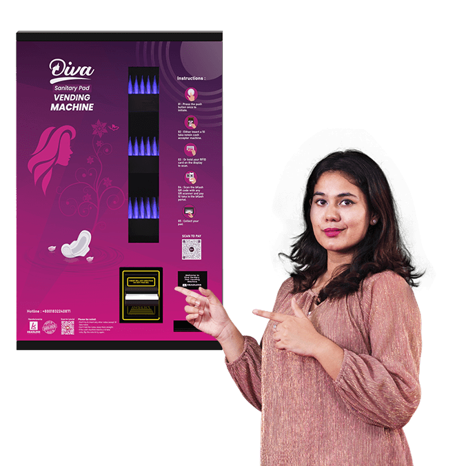 A lady representing a Diva Sanitary Pad Vending Machine