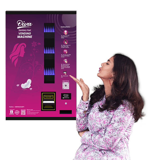 A lady representing a Diva Sanitary Pad Vending Machine